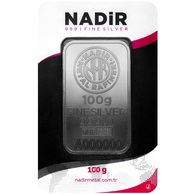 Lingou argint 100 grame Nadir Metal Rafineri 999.0 Turcia (fata)