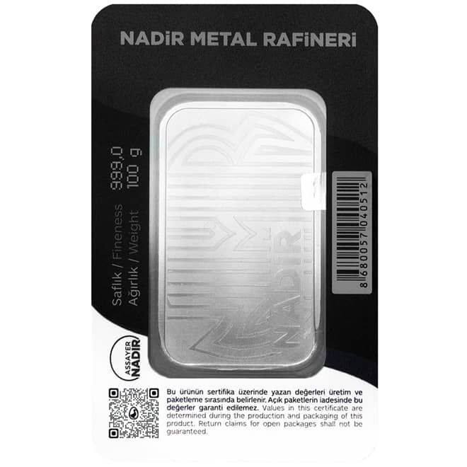 Lingou argint 100 grame Nadir Metal Rafineri 999.0 Turcia (spate)