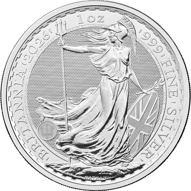 Revers moneda argint Britannia 1 oz Marea Britanie 2026
