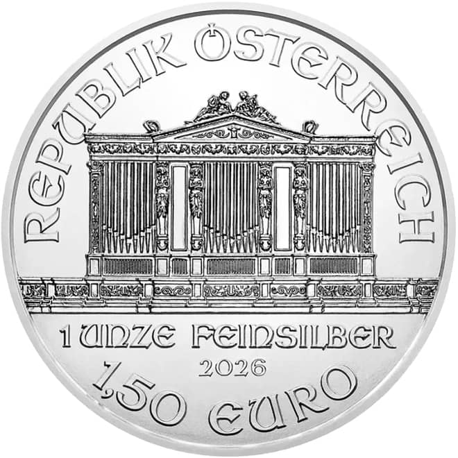 Avers moneda argint Filarmonica din Viena Austria 1 oz 2026