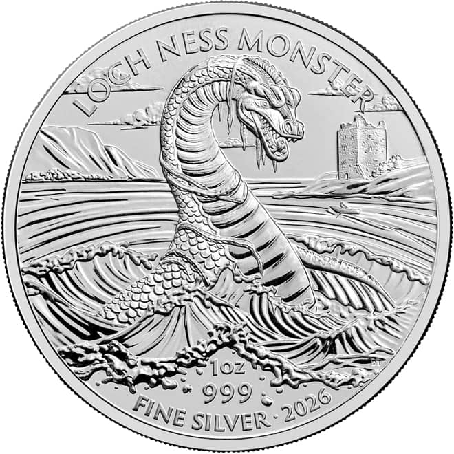 Revers moneda argint Monstrul din Loch Ness 1 oz 2026 Marea Britanie