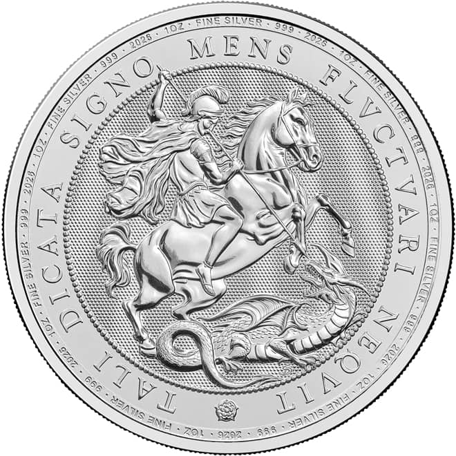 Revers moneda argint Sf Gheorghe si Dragonul Marea Britanie 1 oz 2026