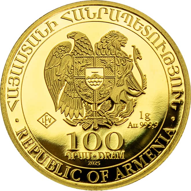 Avers moneda aur 1 gram Arca lui Noe (Noah's Ark) Armenia 2025